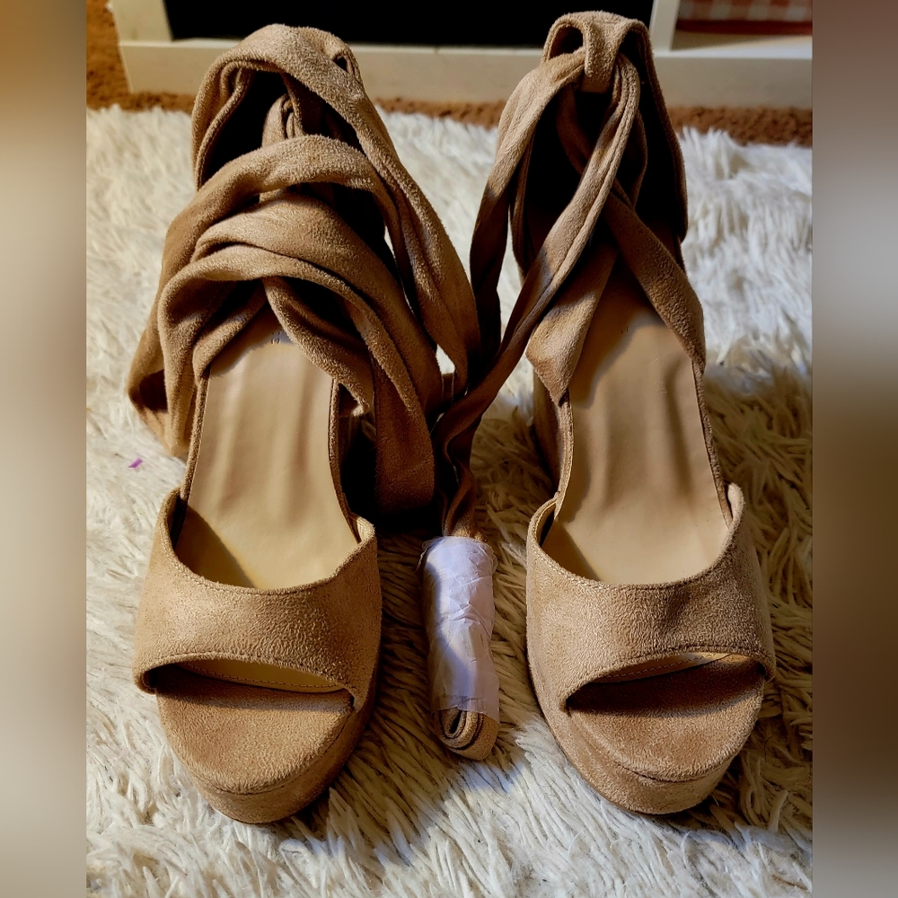 Light brown wrap around ankle wedges